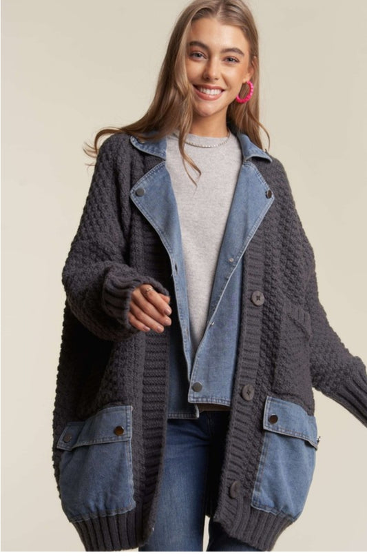 Cozy Oversized Cardigan with Denim Accents – Soft Plush Knit, One-Size Fits Up to XXL, Perfect Fall and Winter Layering