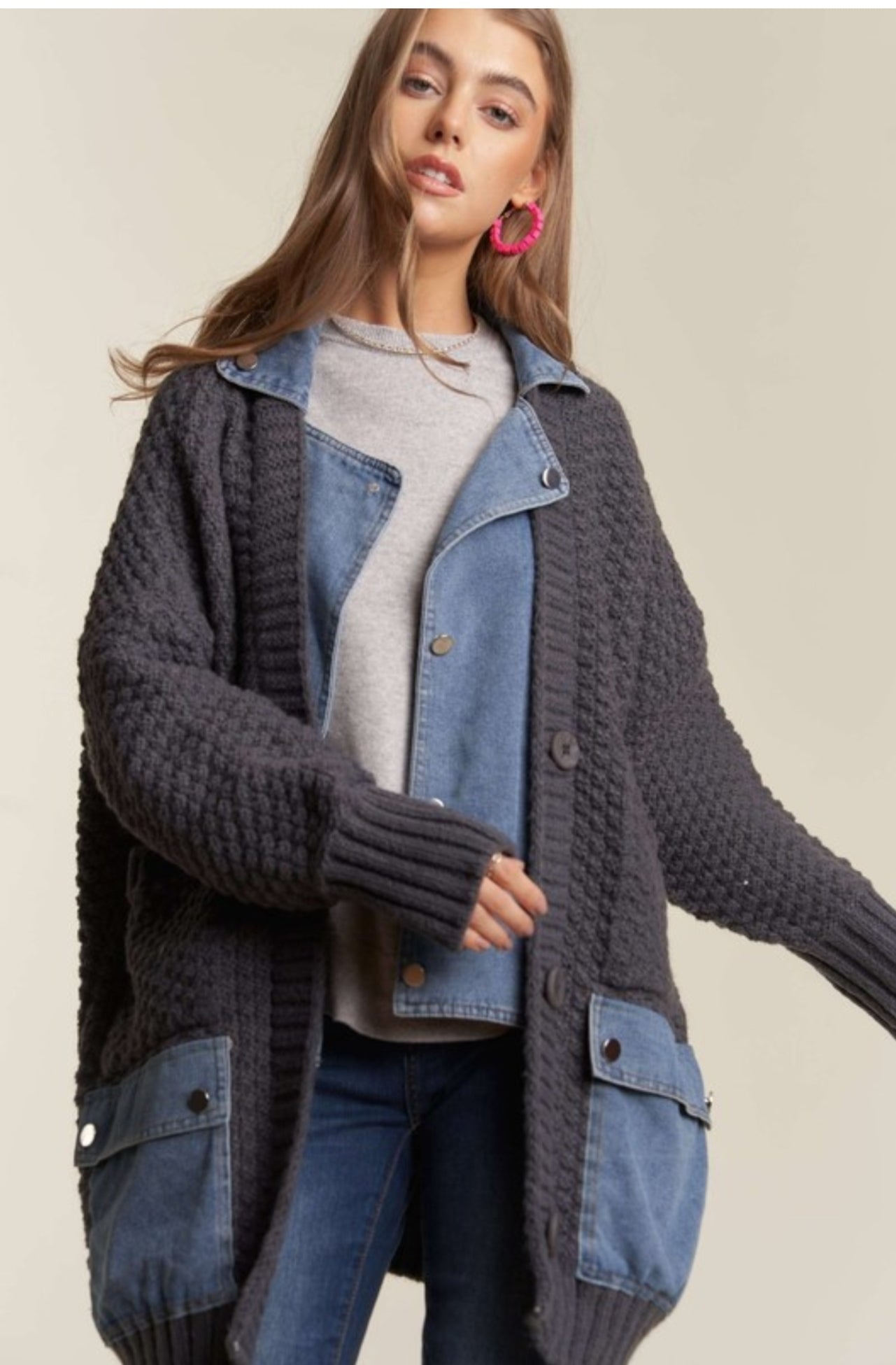 Cozy Oversized Cardigan with Denim Accents – Soft Plush Knit, One-Size Fits Up to XXL, Perfect Fall and Winter Layering