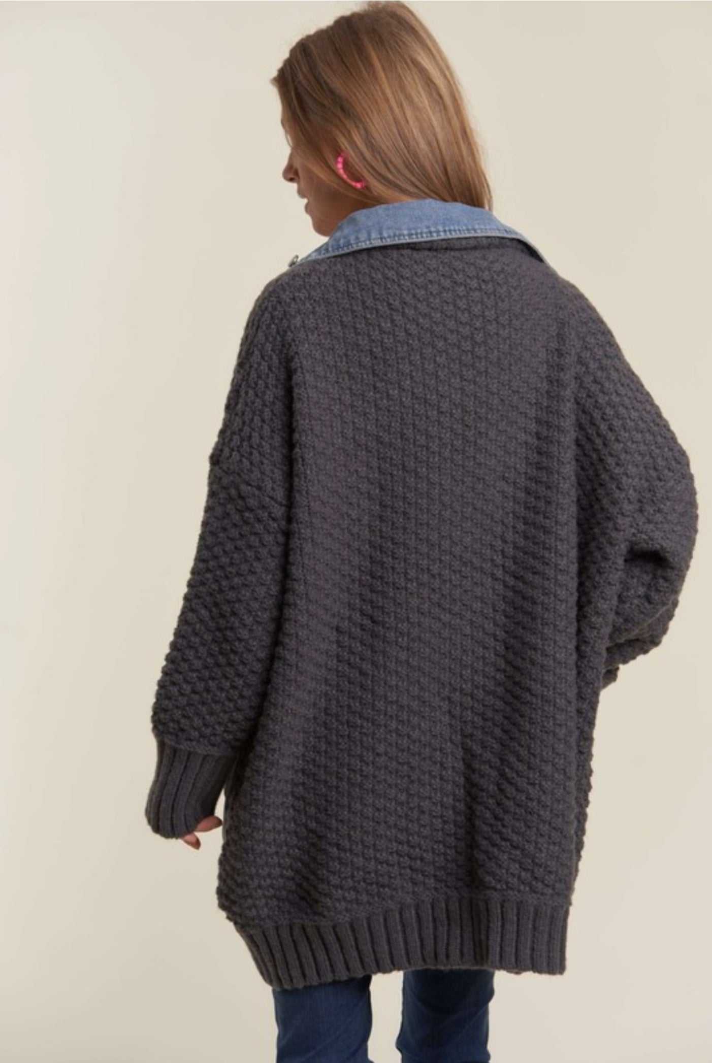 Cozy Oversized Cardigan with Denim Accents – Soft Plush Knit, One-Size Fits Up to XXL, Perfect Fall and Winter Layering