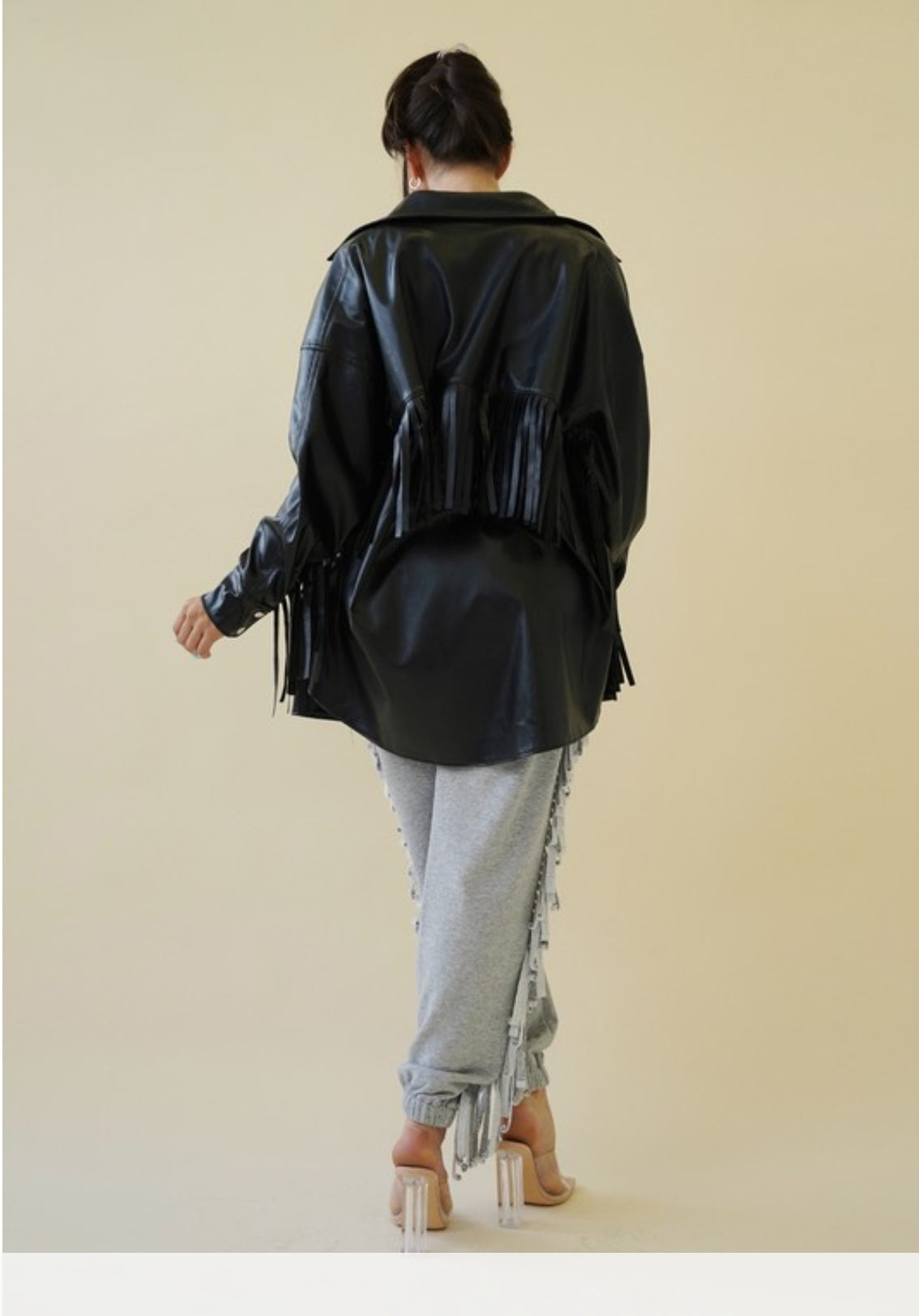 Oversized Stretchy Vegan Leather Shirt with Fringe Detailing and Metal Buttons – The Ultimate Edgy-Chic Statement Piece