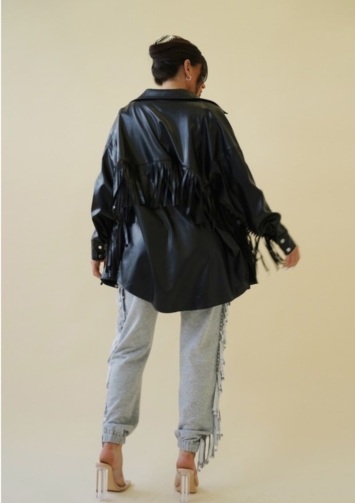 Oversized Stretchy Vegan Leather Shirt with Fringe Detailing and Metal Buttons – The Ultimate Edgy-Chic Statement Piece