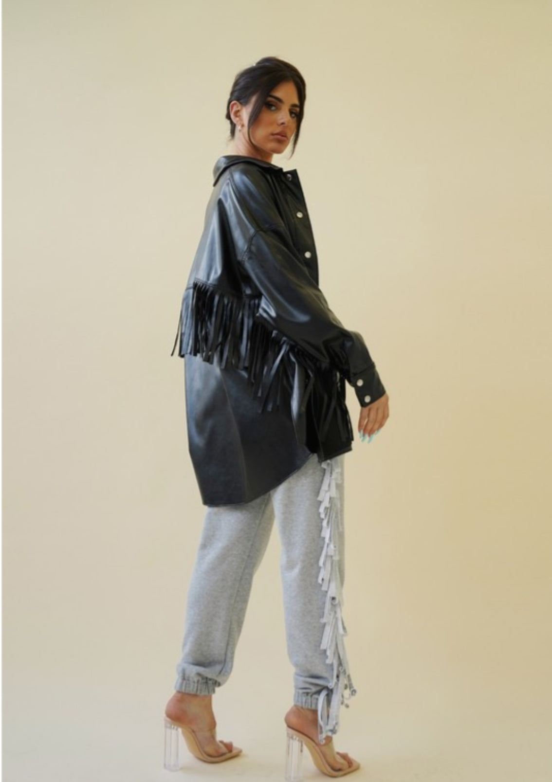 Oversized Stretchy Vegan Leather Shirt with Fringe Detailing and Metal Buttons – The Ultimate Edgy-Chic Statement Piece