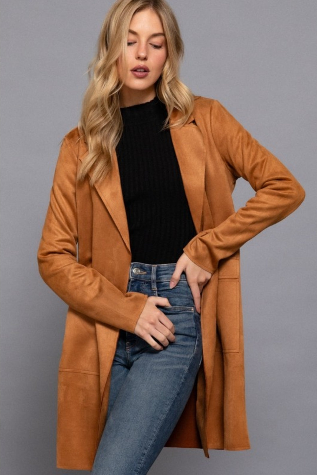 Chic Long Sleeve Faux Suede Caramel Jacket – Open Front, Big Collar, Side Pockets, Lightweight Layering Coat for Women