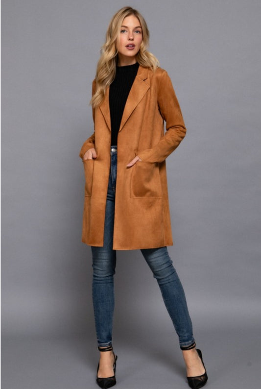 Chic Long Sleeve Faux Suede Caramel Jacket – Open Front, Big Collar, Side Pockets, Lightweight Layering Coat for Women