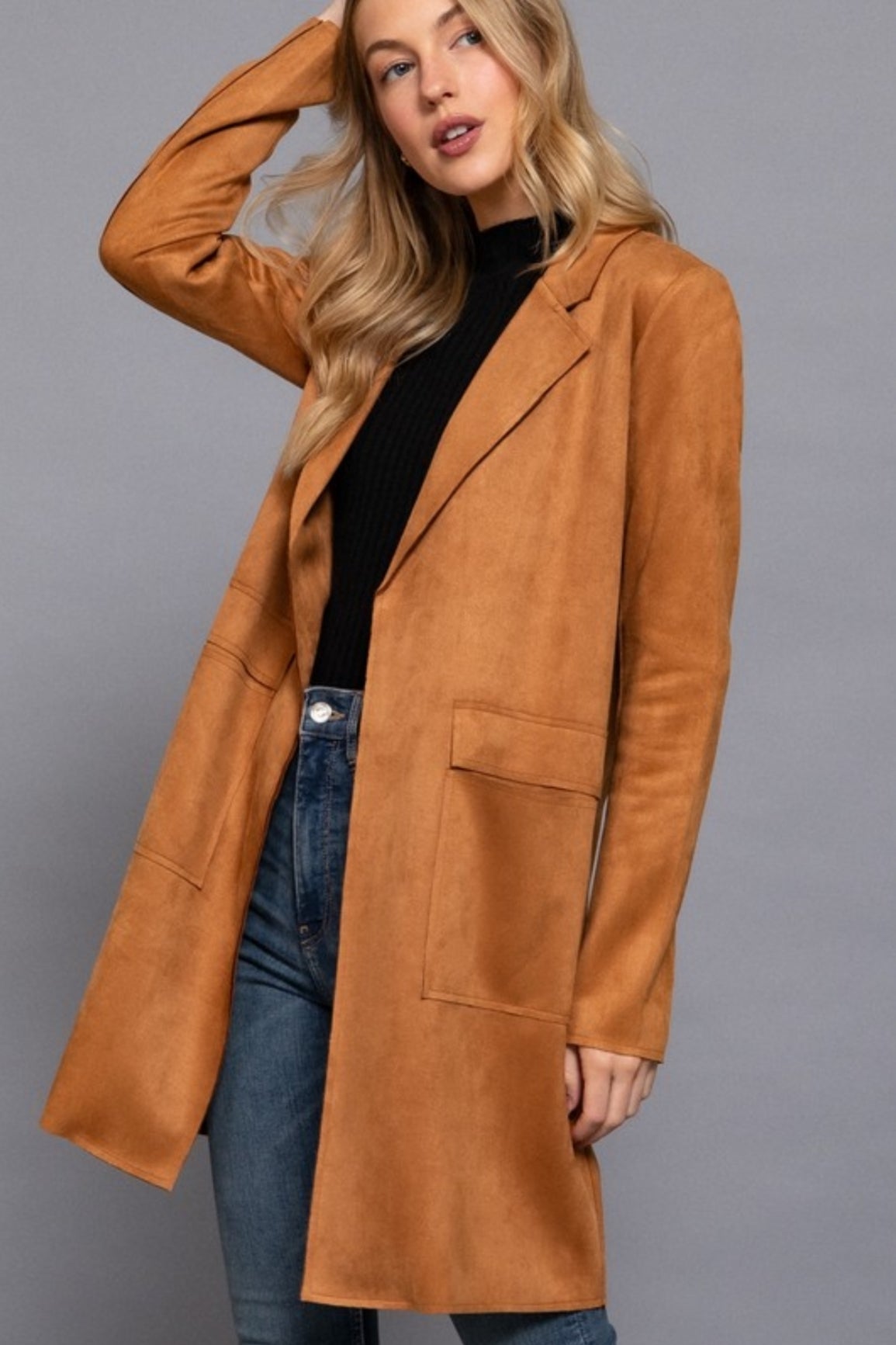 Chic Long Sleeve Faux Suede Caramel Jacket – Open Front, Big Collar, Side Pockets, Lightweight Layering Coat for Women