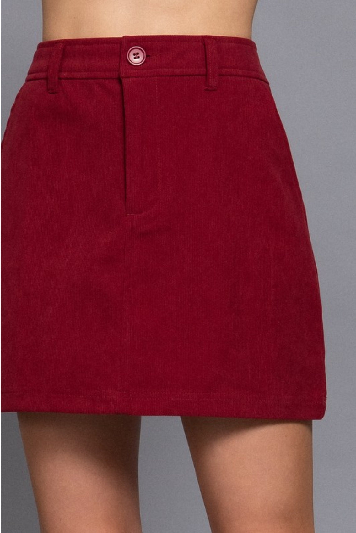 Burgundy Corduroy Waistband Mini Skirt with Front Pockets – Stylish High-Waisted A-Line Cord Skirt for Women